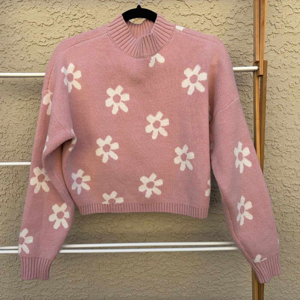 Hollister Crop Sweater Pink Floral Knit Pullover Sweater Mock Neck Garden Fairy